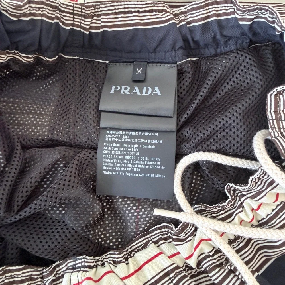 Prada UB378 Men's Medium Navy Blue White striped technical fabric swim trunks